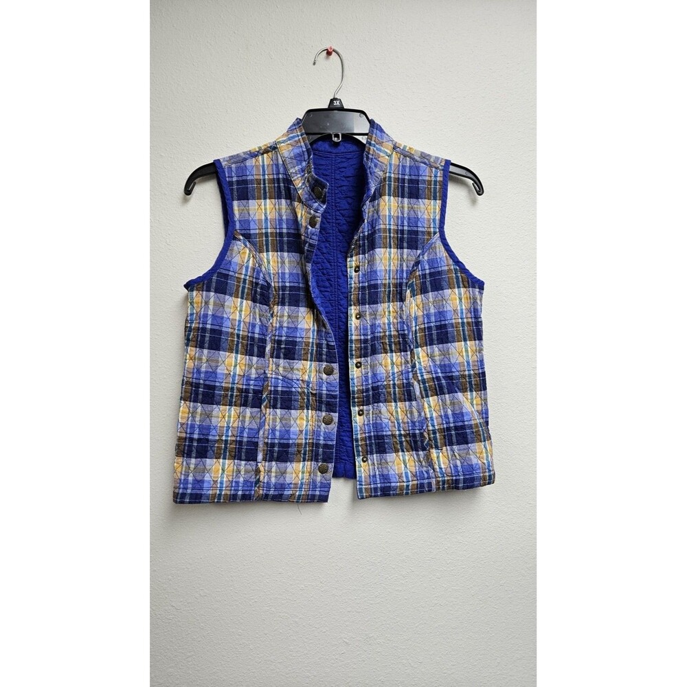 Reversible Quilted Vest Womens S/M Blue Plaid Yellow Brown Button Pockets Boho